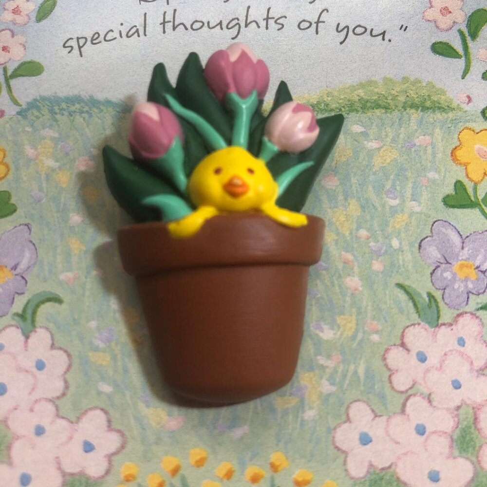 New Vintage Hallmark Lapel Pin Easter Chick Duck Flower Pot Tulips Brooch